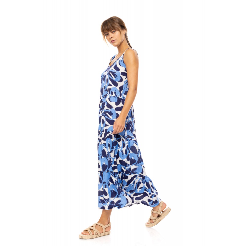 Pink Label B574, Γυναικείο Φόρεμα  Maxi Viscose  ABSTRACT  FLORAL με φαρδιά τιράντα