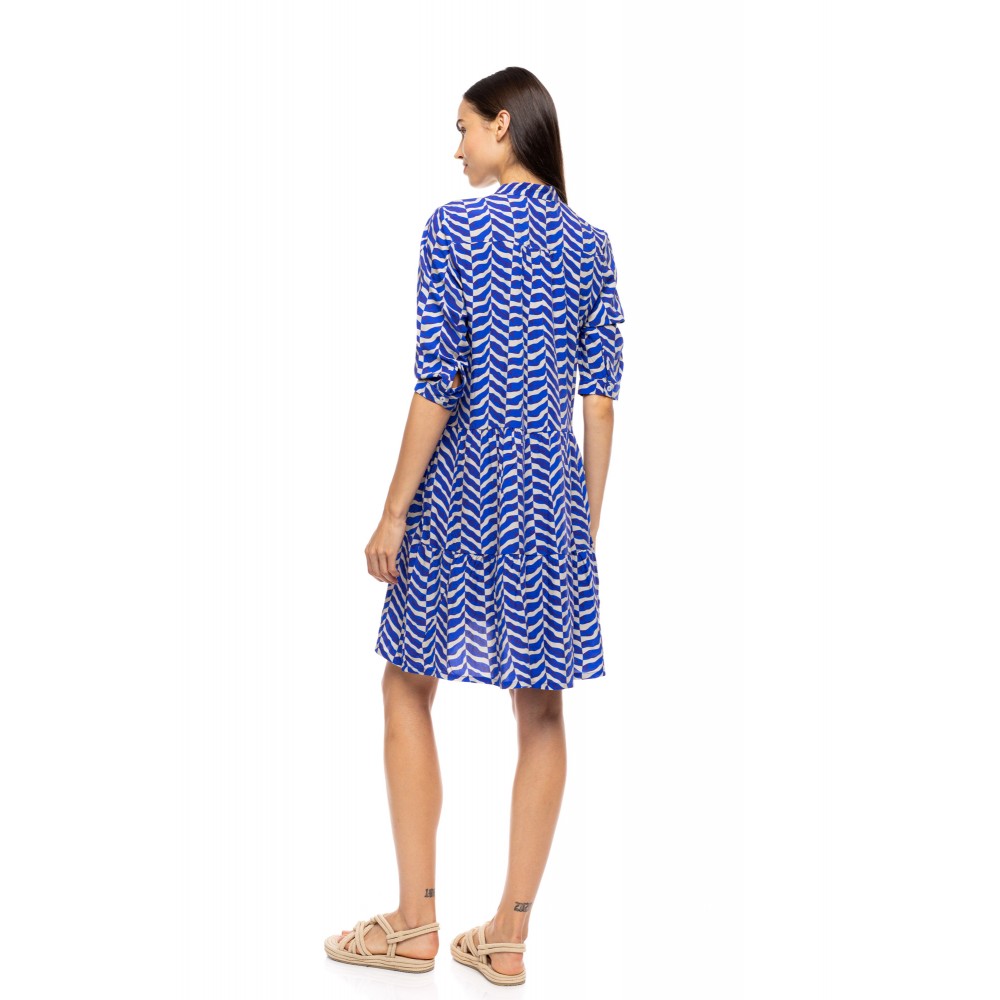 Pink Label B683, Γυναικείο Φόρεμα Viscose AEGEAN WAVIE με κουμπιά, ΜΠΛΕ