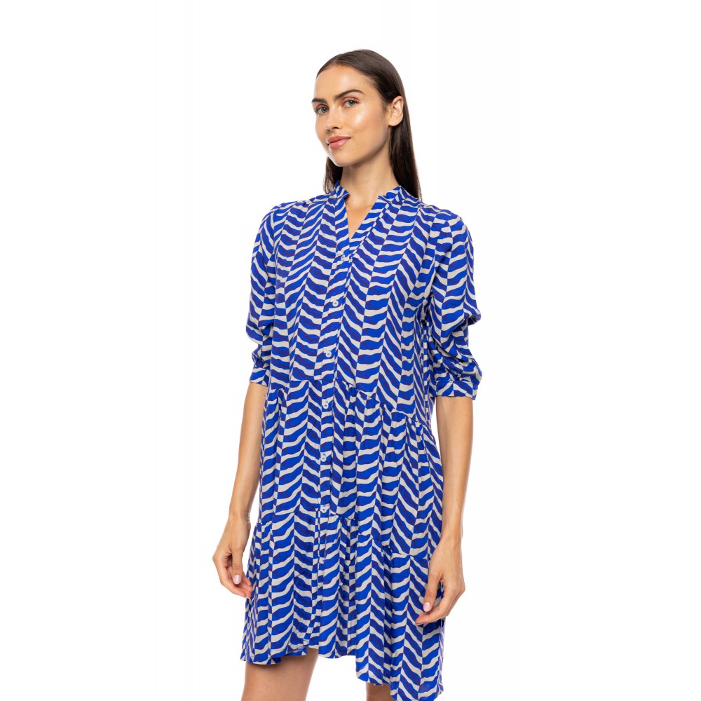 Pink Label B683, Γυναικείο Φόρεμα Viscose AEGEAN WAVIE με κουμπιά, ΜΠΛΕ