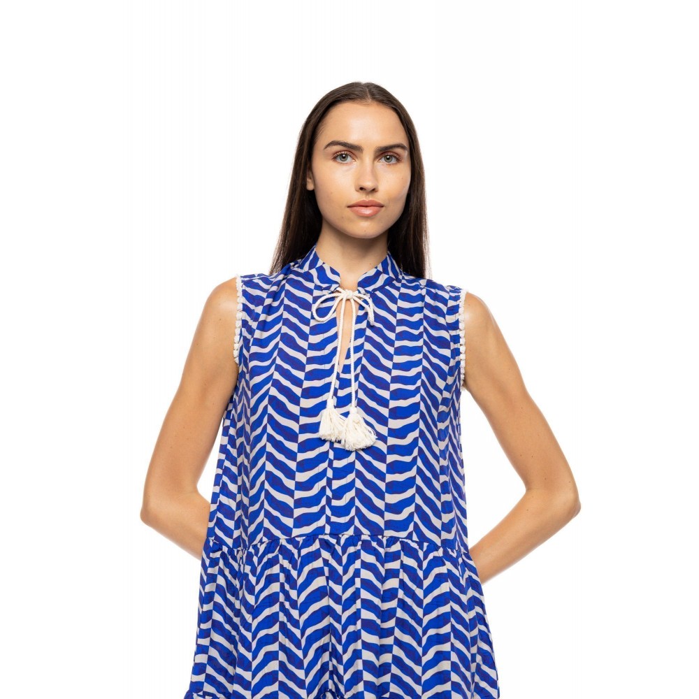 Pink Label B686, Γυναικείο Φόρεμα Viscose AEGEAN WAVE αμάνικο, ΜΠΛΕ