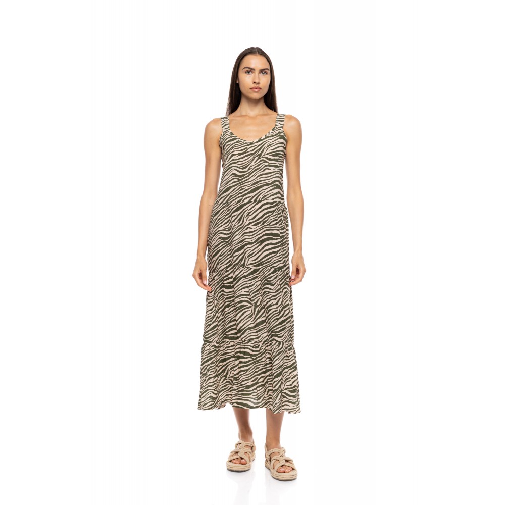 Pink Label B747, Γυναικείο Φόρεμα  Maxi Viscose  BILBAO GREEN LEO με φαρδιά τιράντα