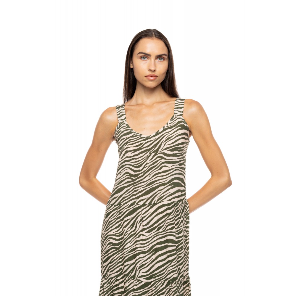 Pink Label B747, Γυναικείο Φόρεμα  Maxi Viscose  BILBAO GREEN LEO με φαρδιά τιράντα