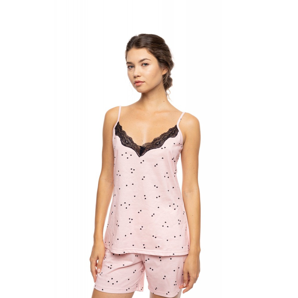 Pink Label S1579, Γυναικείο Βαμβακερό BabyDoll με δαντέλα, ΡΟΖ
