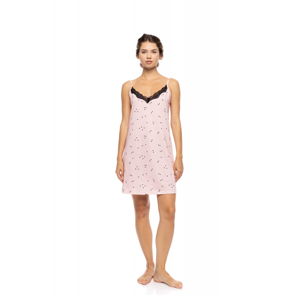 Pink Label S1580, Γυναικείo Βαμβακερό Νυχτικό με Δαντέλα, LITTLE HEART PINK