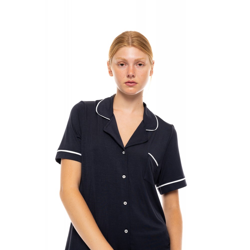 Pink Label SN-202, Γυναικεία Πυτζάμα Μακρύ Παντελόνι με Κουμπιά, ΜΠΛΕ ΣΚΟΥΡΟ