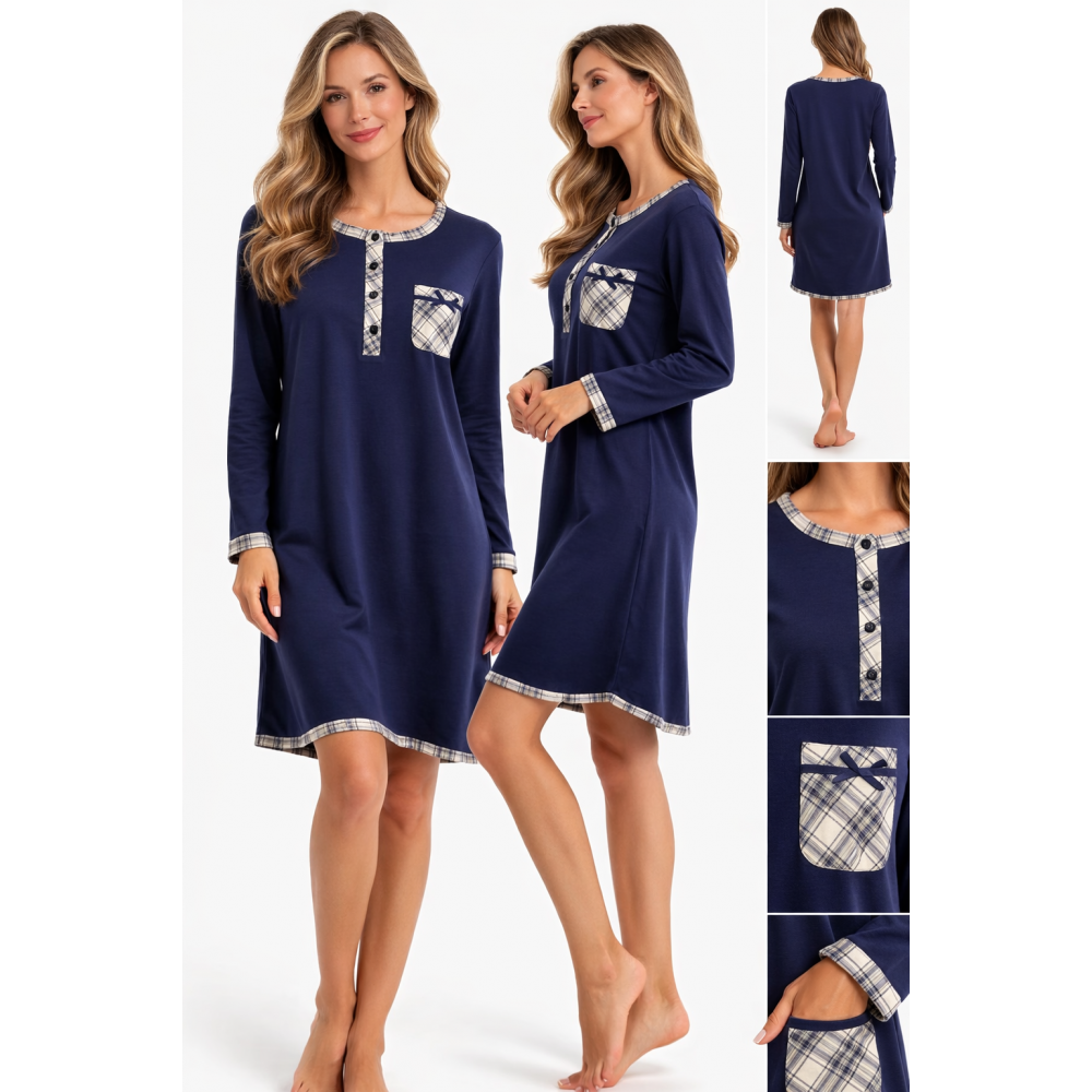 Relax 054, Βαμβακερό Νυχτικό σε άνετη γραμμή με τσεπάκι στο μπροστινό μέρος ΜΠΛΕ ΣΚΟΥΡΟ