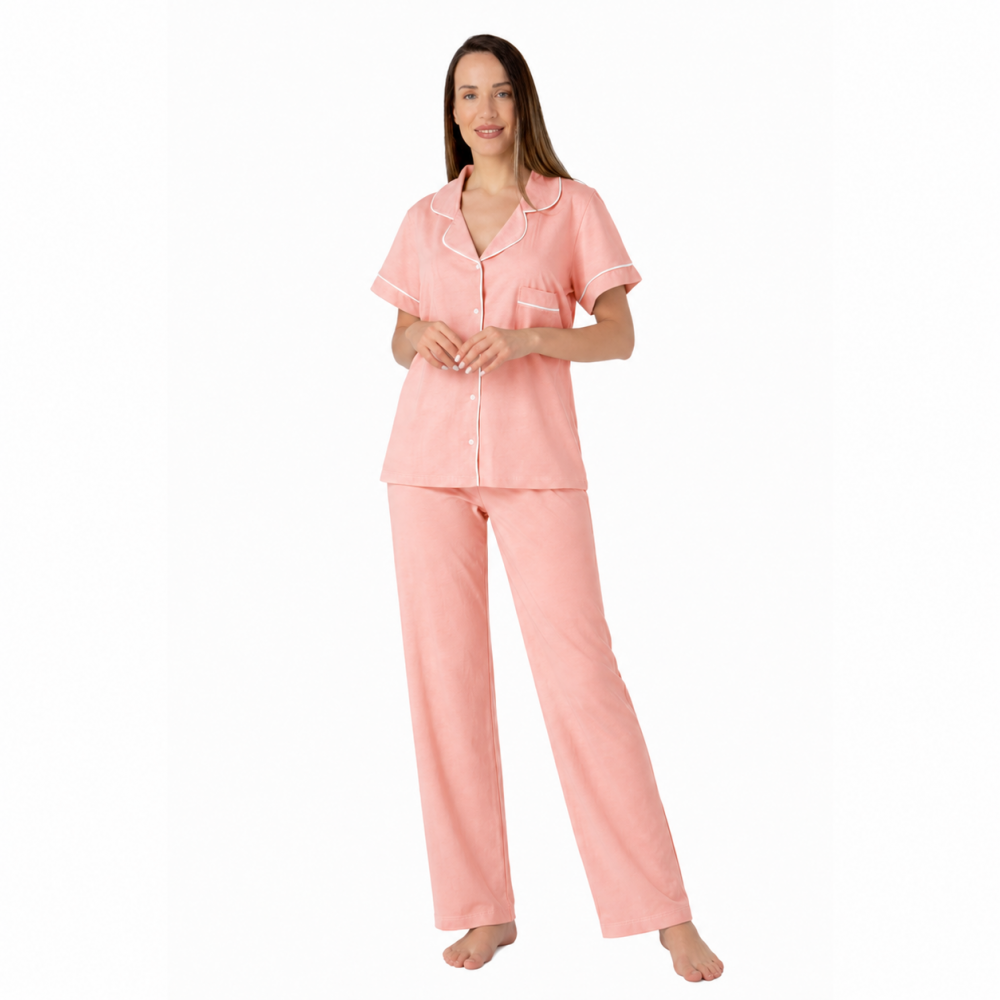 Relax 3326001, Γυναικεία Κουμπωτή Πυτζάμα Μακρύ Παντελόνι, ΡΟΖ