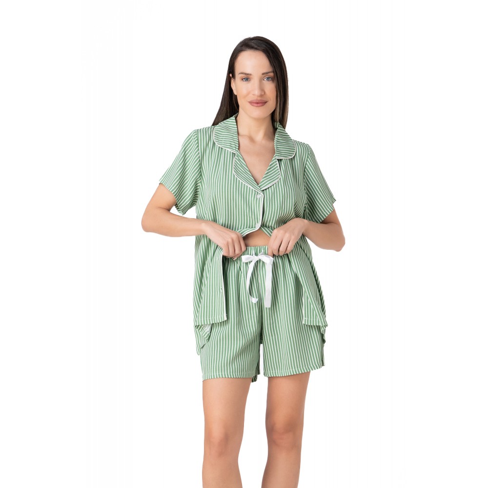 Relax 3326098, Γυναικεία Κουμπωτή Πυτζάμα Ρίγα με σορτς,  ΠΡΑΣΙΝΟ