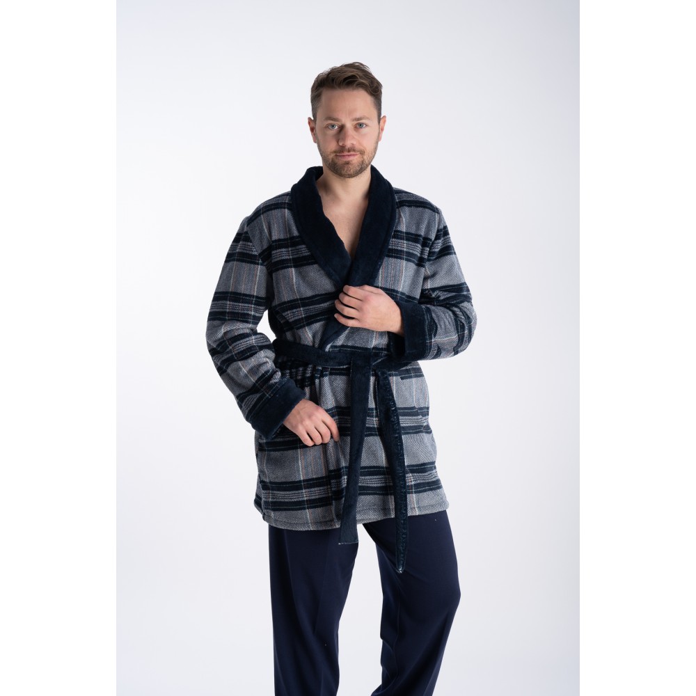 Relax 2823109, Ανδρική Fleece Ρόμπα Σταυρωτή Καρό σε μπλέ αποχρώσεις