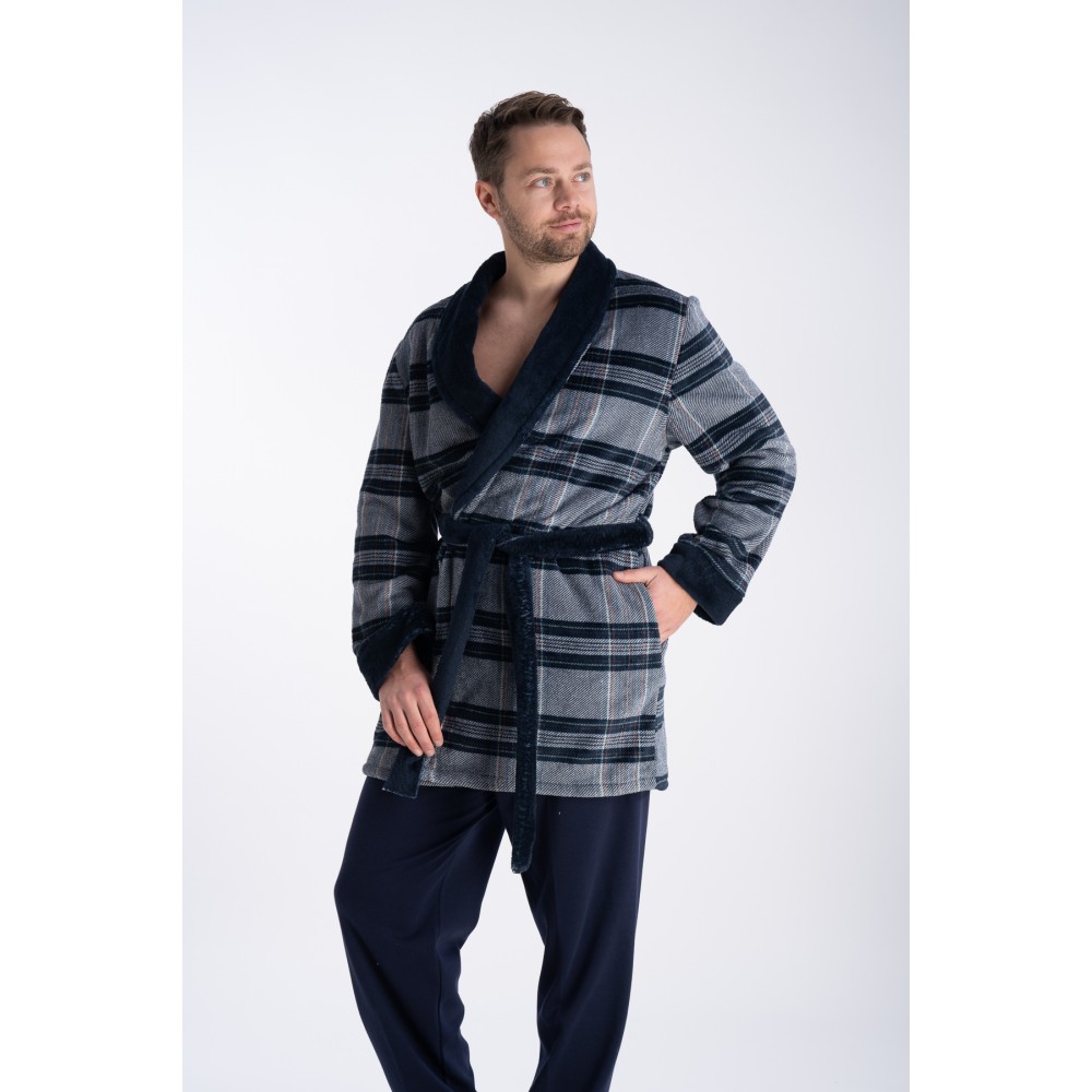 Relax 2823109, Ανδρική Fleece Ρόμπα Σταυρωτή Καρό σε μπλέ αποχρώσεις