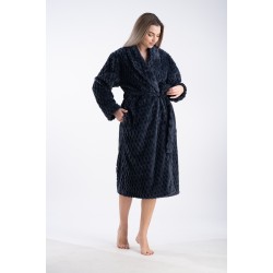 Relax 2823075, Γυναικεία Μακριά  Ρόμπα Fleece Σταυρωτή με ζώνη σε ανάγλυφο fleece, ΜΠΛΕ ΣΚΟΥΡΟ