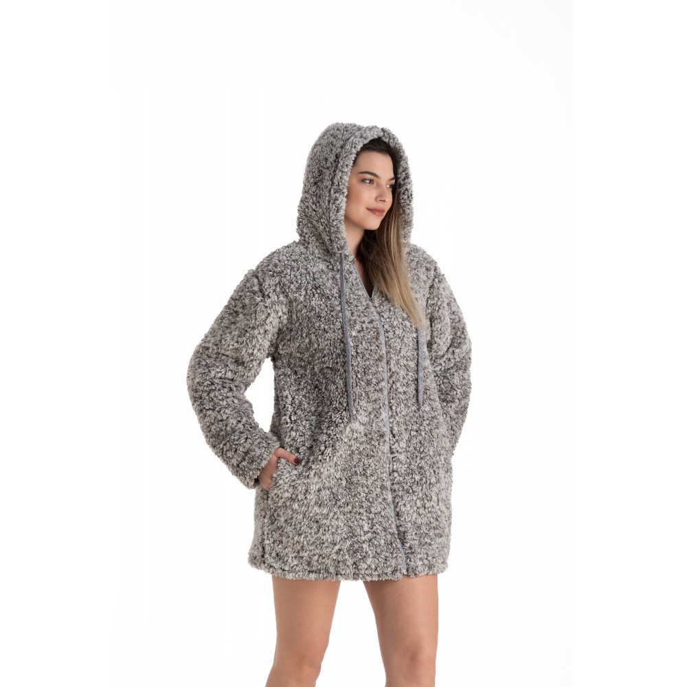 RELAX 3024087,  Γυναικεία Ρόμπα FLEECE ΠΡΟΒΑΤΟ με κουκούλα και φερμουάρ, ΓΚΡΙ 