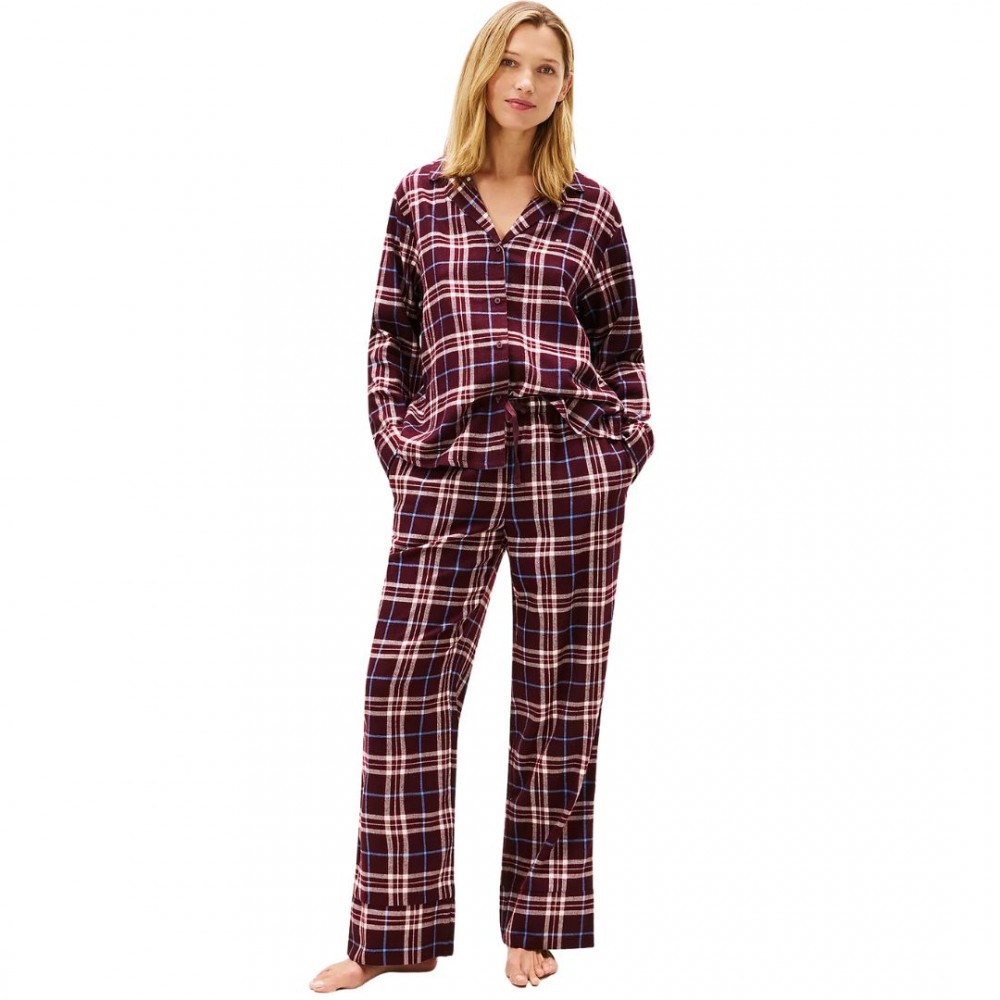 Tommy Hilfiger UW0UW06158-0KQ Essential Flannel Long Sleeve Pyjama Set, Burgundy