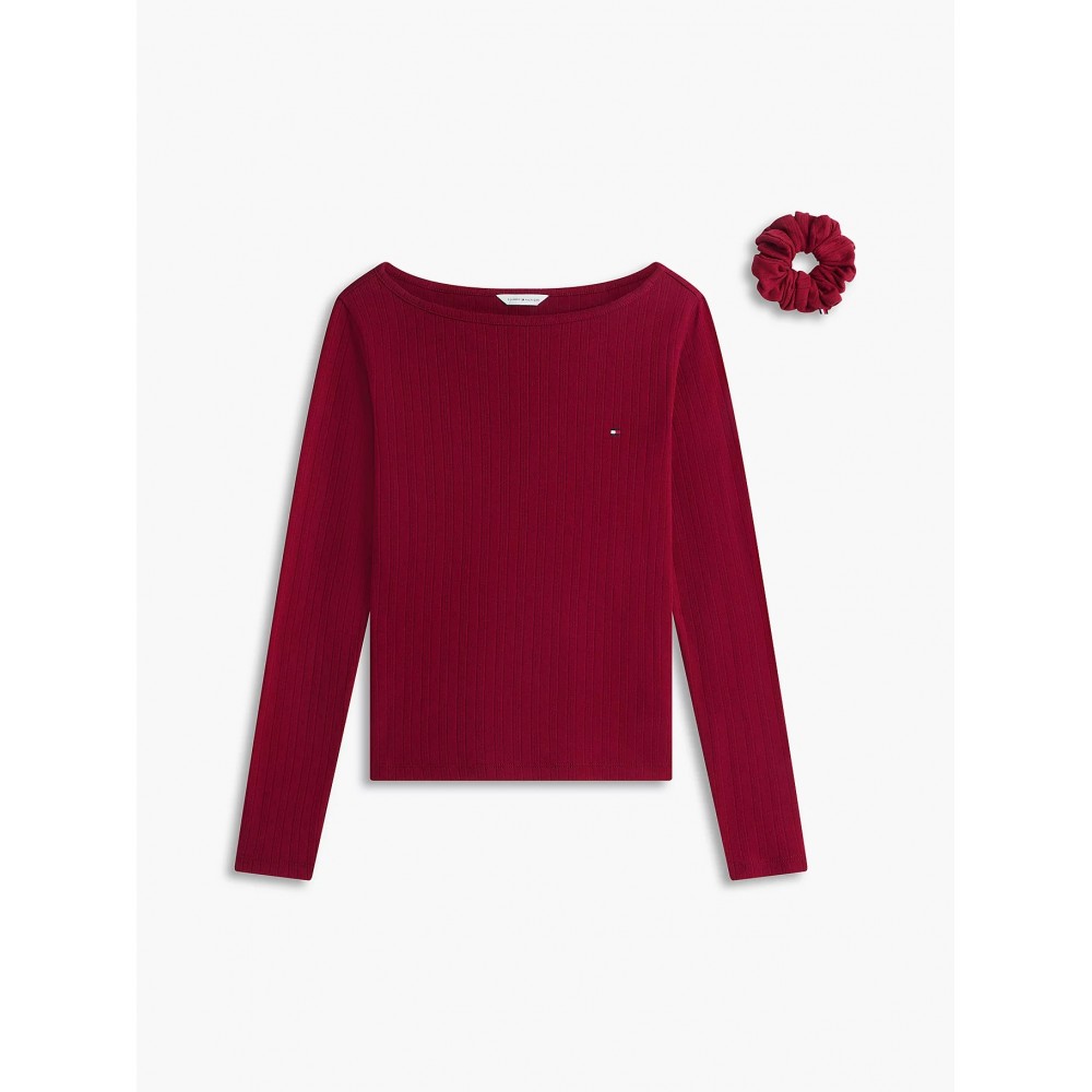 Tommy Hilfiger UW0UW06603-XJS, Essential Pointelle Pyjama Set And Scrunchie, ΜΠΟΡΝΤΟ