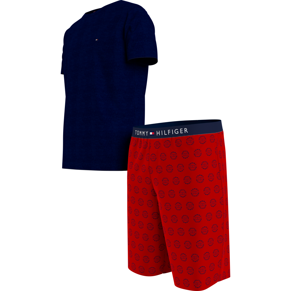 Ανδρική Πυζάμα Tommy Hilfiger CN SS SHORT WOVEN SET UM0UM01959-0SY ΜΠΛΕ/KOKKINO