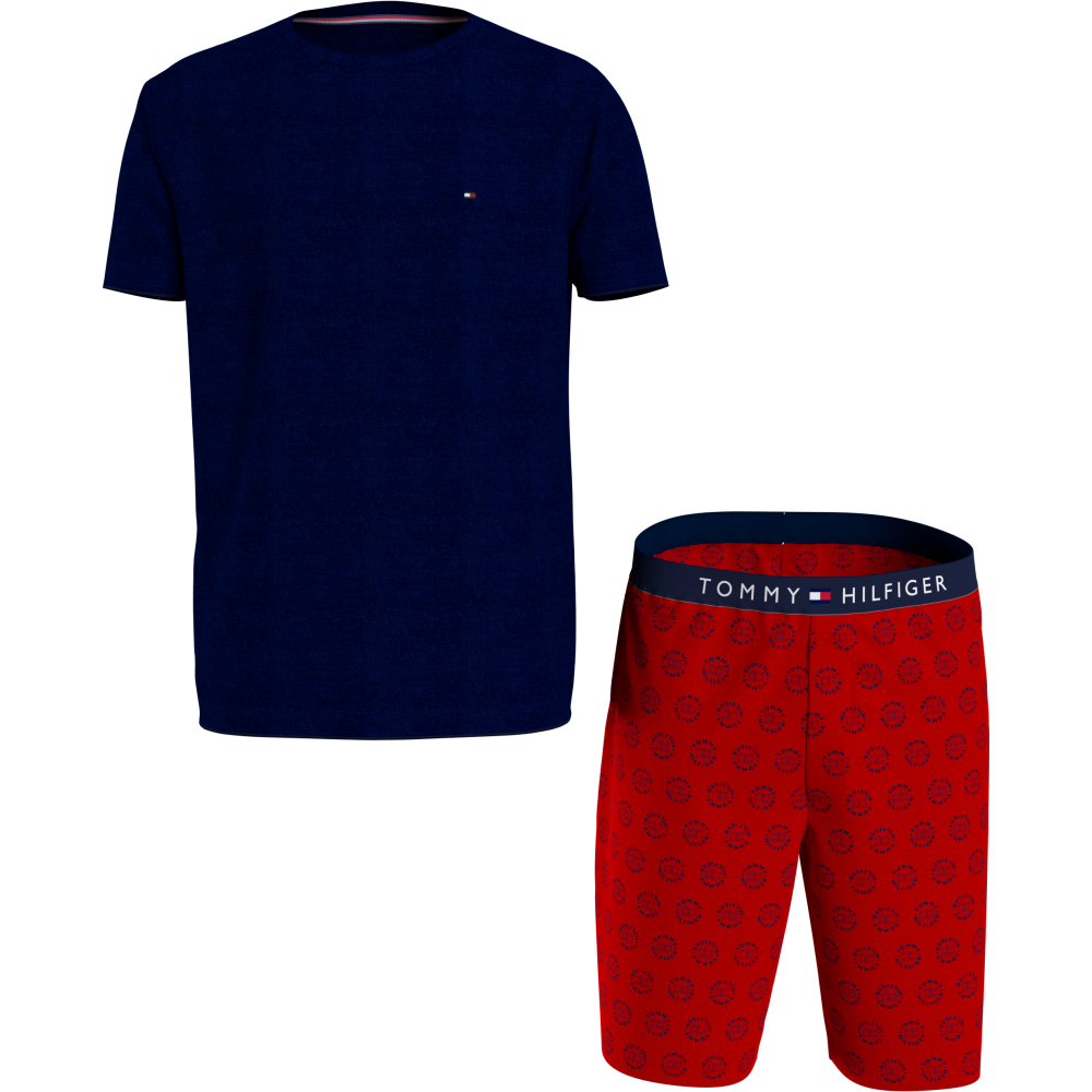 Ανδρική Πυζάμα Tommy Hilfiger CN SS SHORT WOVEN SET UM0UM01959-0SY ΜΠΛΕ/KOKKINO