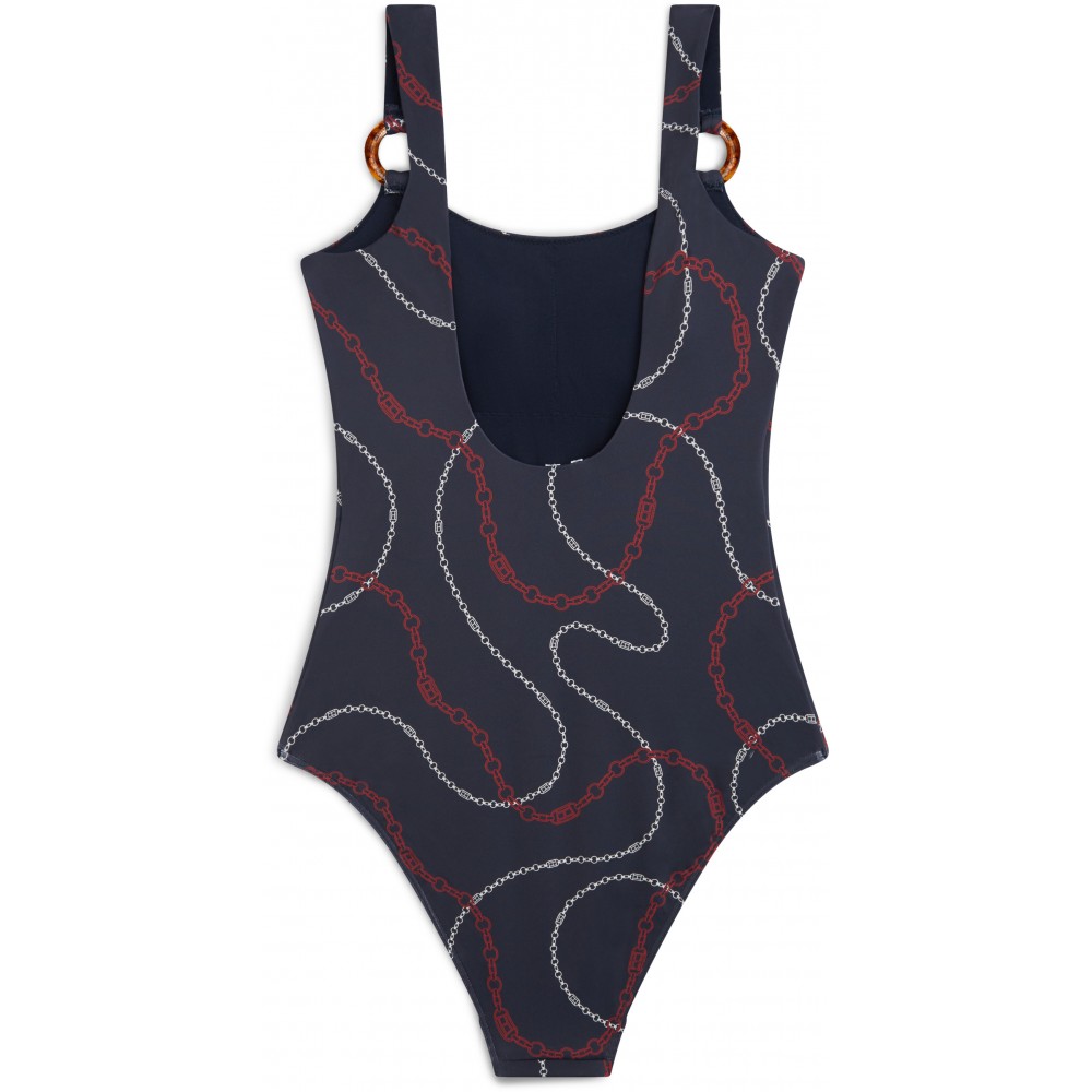 Tommy Hilfiger UW0UW06481-0ΥJ, Γυναικείο Ολόσωμο μαγιό με κρίκους και Logo, ΜΠΛΕ ΣΚΟΥΡΟ
