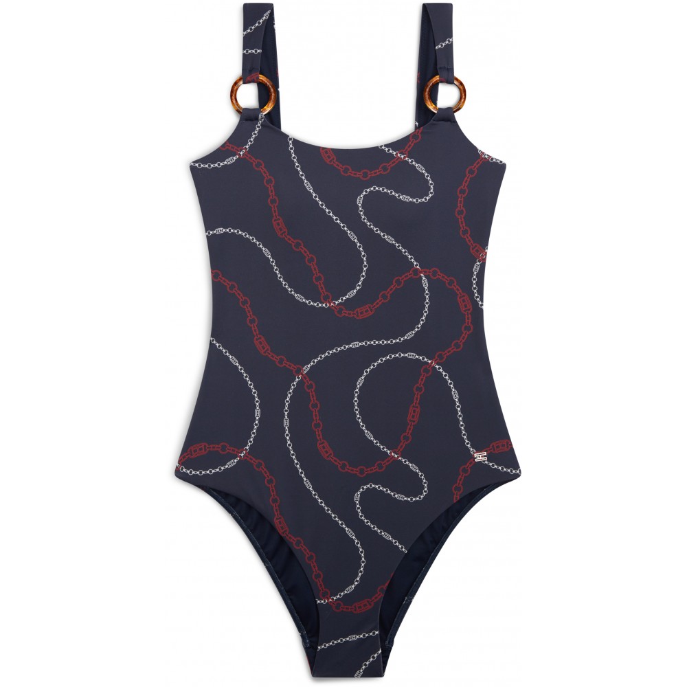 Tommy Hilfiger UW0UW06481-0ΥJ, Γυναικείο Ολόσωμο μαγιό με κρίκους και Logo, ΜΠΛΕ ΣΚΟΥΡΟ