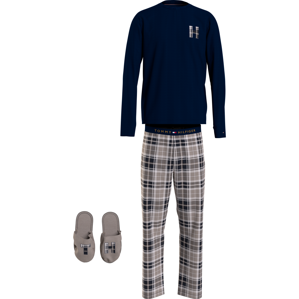 Tommy Hilfiger LS Pant Slippers Set Flannel UM0UM02989-0S1, Ανδρική Πυζάμα Σετ με παντόφλες σε κουτάκι δώρου, DESERT SKY-TONAL TARTAN