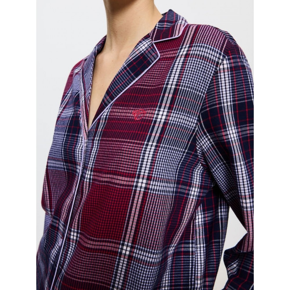 Triumph  Boyfriend PW X Checks 10216554-M006, Γυναικεία Πυτζάμα Κουμπωτή με γιακά, ΜΠΟΡΝΤΟ