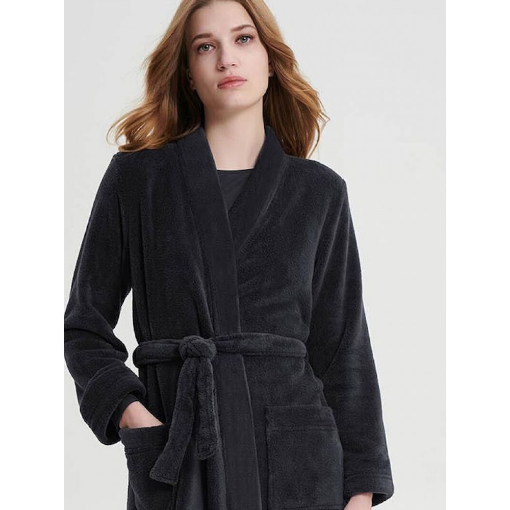 VAMP 19467, Γυναικεία Ρόμπα Fleece Σταυρωτή με ζώνη και τσέπες, ΑΝΘΡΑΚΙ