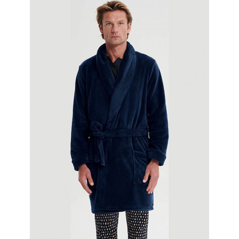 VAMP 19653, Ανδρική  Ρόμπα Fleece Σταυρωτή με ζώνη, ΜΠΛΕ ΣΚΟΥΡΟ