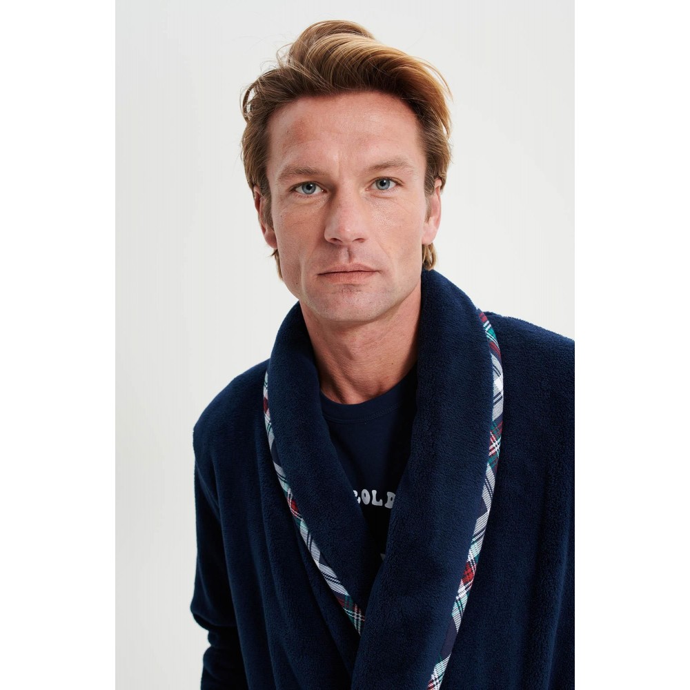 VAMP 19711, Ανδρική  Ρόμπα Fleece Σταυρωτή με ζώνη και καρό λεπτομέρειες, ΜΠΛΕ ΣΚΟΥΡΟ