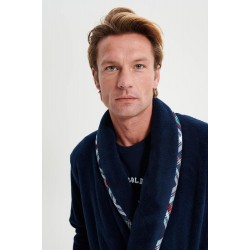 VAMP 19711, Ανδρική  Ρόμπα Fleece Σταυρωτή με ζώνη και καρό λεπτομέρειες, ΜΠΛΕ ΣΚΟΥΡΟ