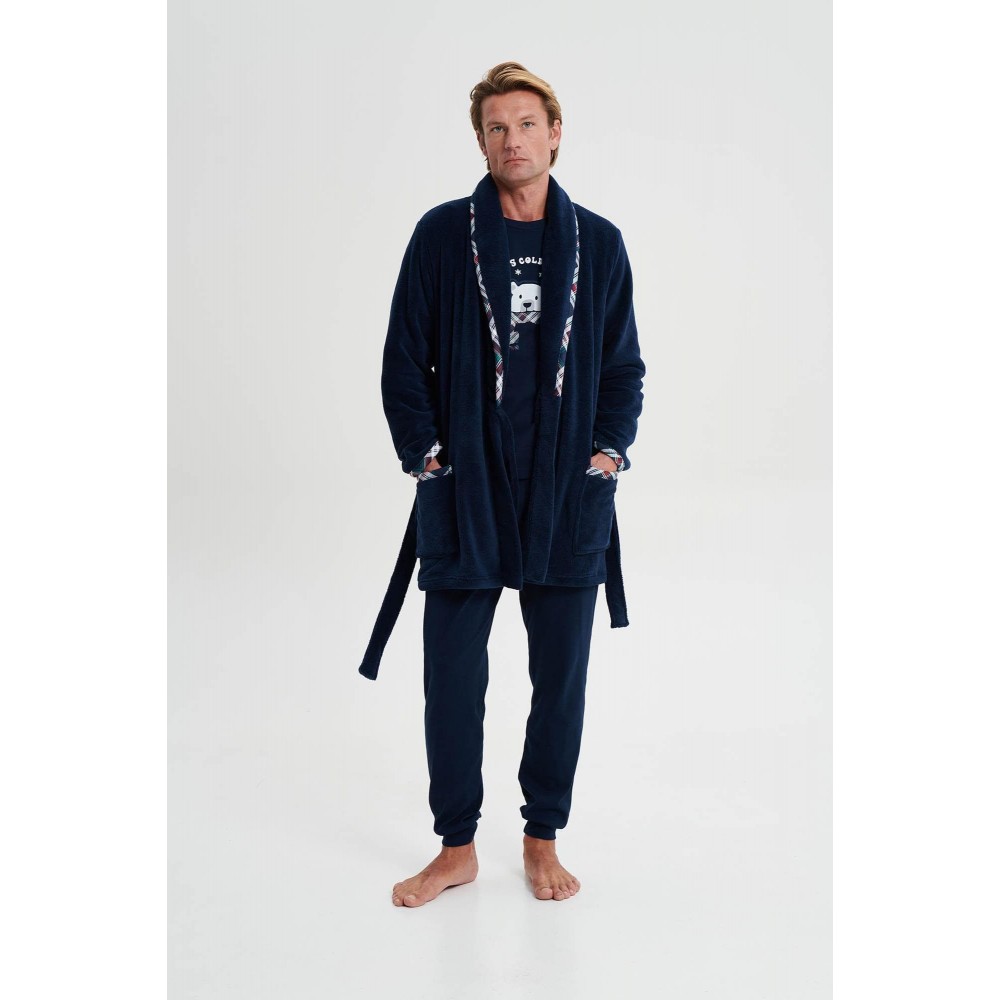 VAMP 19711, Ανδρική  Ρόμπα Fleece Σταυρωτή με ζώνη και καρό λεπτομέρειες, ΜΠΛΕ ΣΚΟΥΡΟ