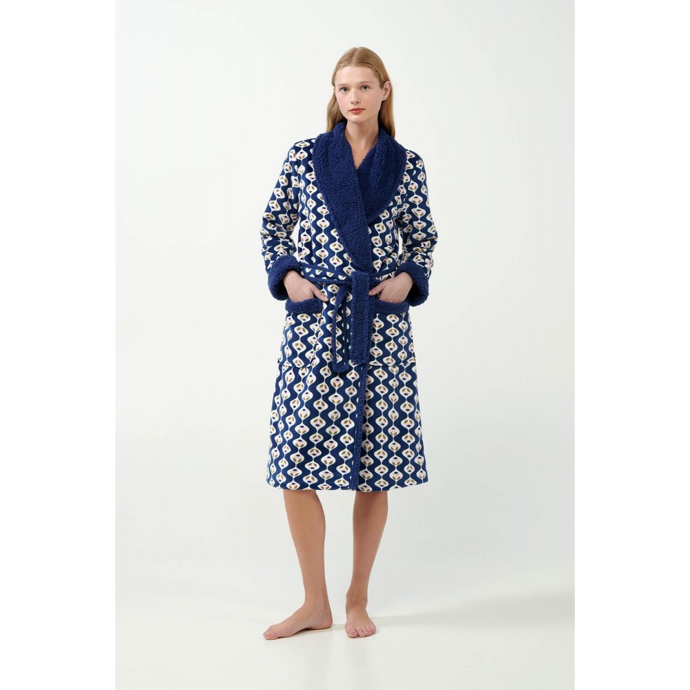 VAMP 21412, Γυναικεία Μακριά Σταυρωτή Ρόμπα Fleece, BLUE PRINT