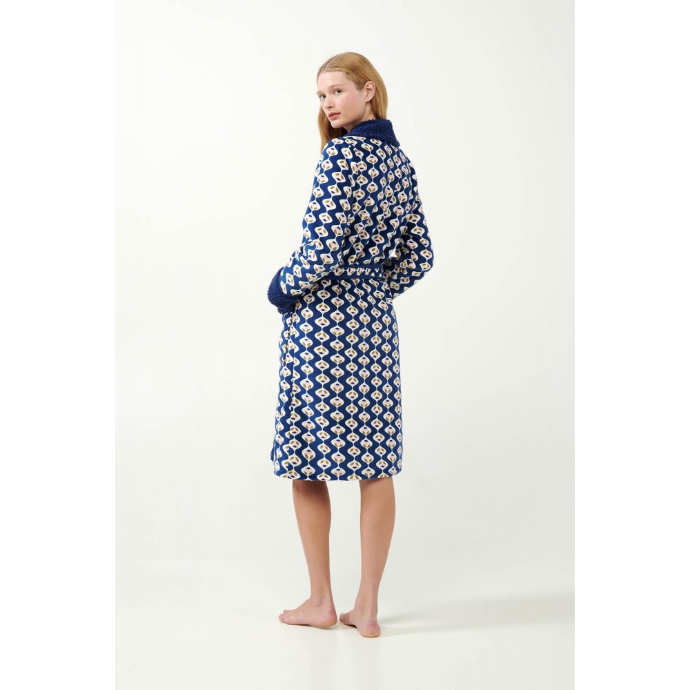 VAMP 21412, Γυναικεία Μακριά Σταυρωτή Ρόμπα Fleece, BLUE PRINT