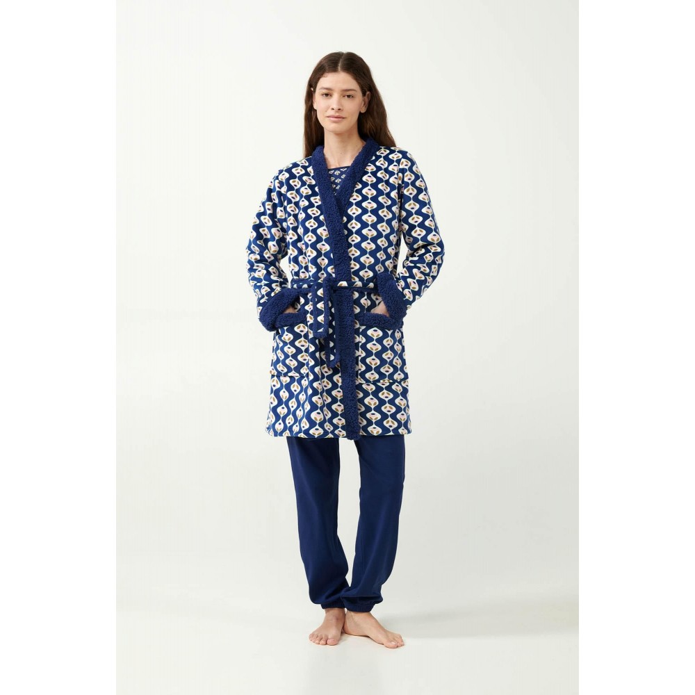 VAMP 21413, Γυναικεία Σταυρωτή Ρόμπα Fleece, BLUE PRINT