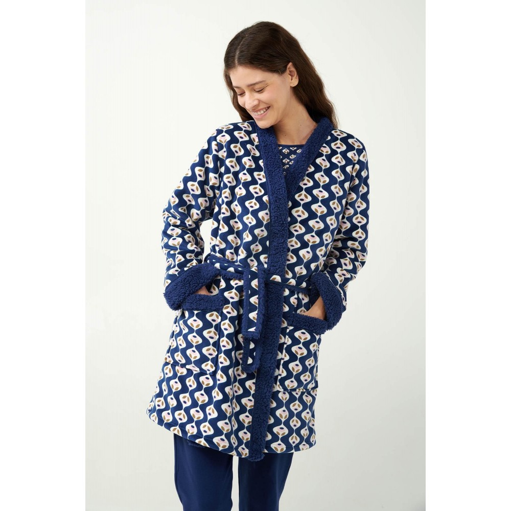 VAMP 21413, Γυναικεία Σταυρωτή Ρόμπα Fleece, BLUE PRINT