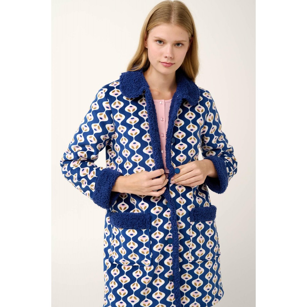 VAMP 21415, Γυναικεία Ρόμπα Fleece  με Κουμπιά, BLUE PRINT