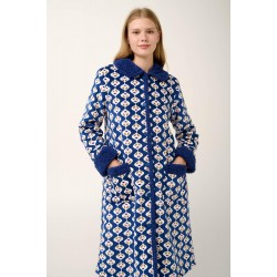 VAMP 21416, Μακριά Γυναικεία Ρόμπα Fleece με Κουμπιά, BLUE PRINT