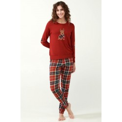 Vamp 21510, Γυναικείο Σετ  Πυτζάμα "XMAS" με ταρτάν μοτίβο στους αγκώνες, RED TERRACOTA