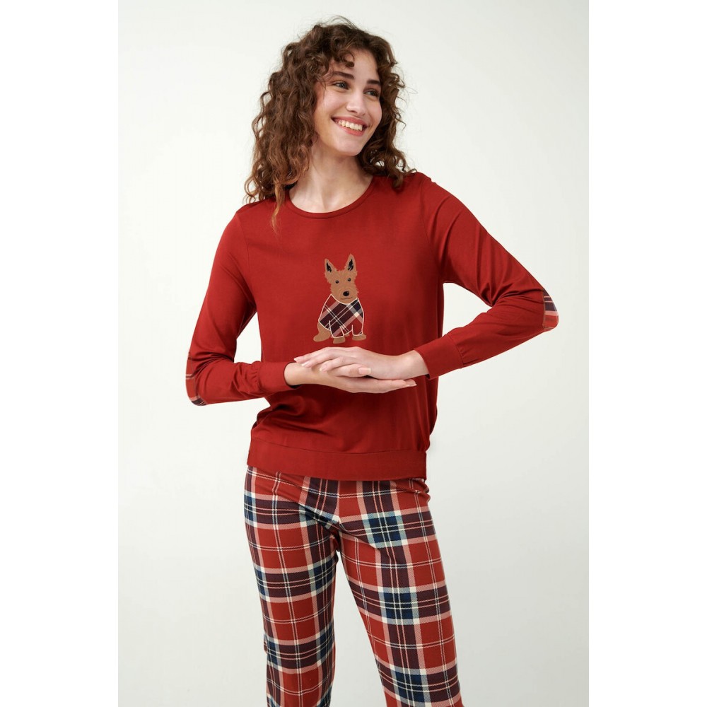 Vamp 21510, Γυναικείο Σετ  Πυτζάμα "XMAS" με ταρτάν μοτίβο στους αγκώνες, RED TERRACOTA
