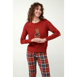 Vamp 21510, Γυναικείο Σετ  Πυτζάμα "XMAS" με ταρτάν μοτίβο στους αγκώνες, RED TERRACOTA