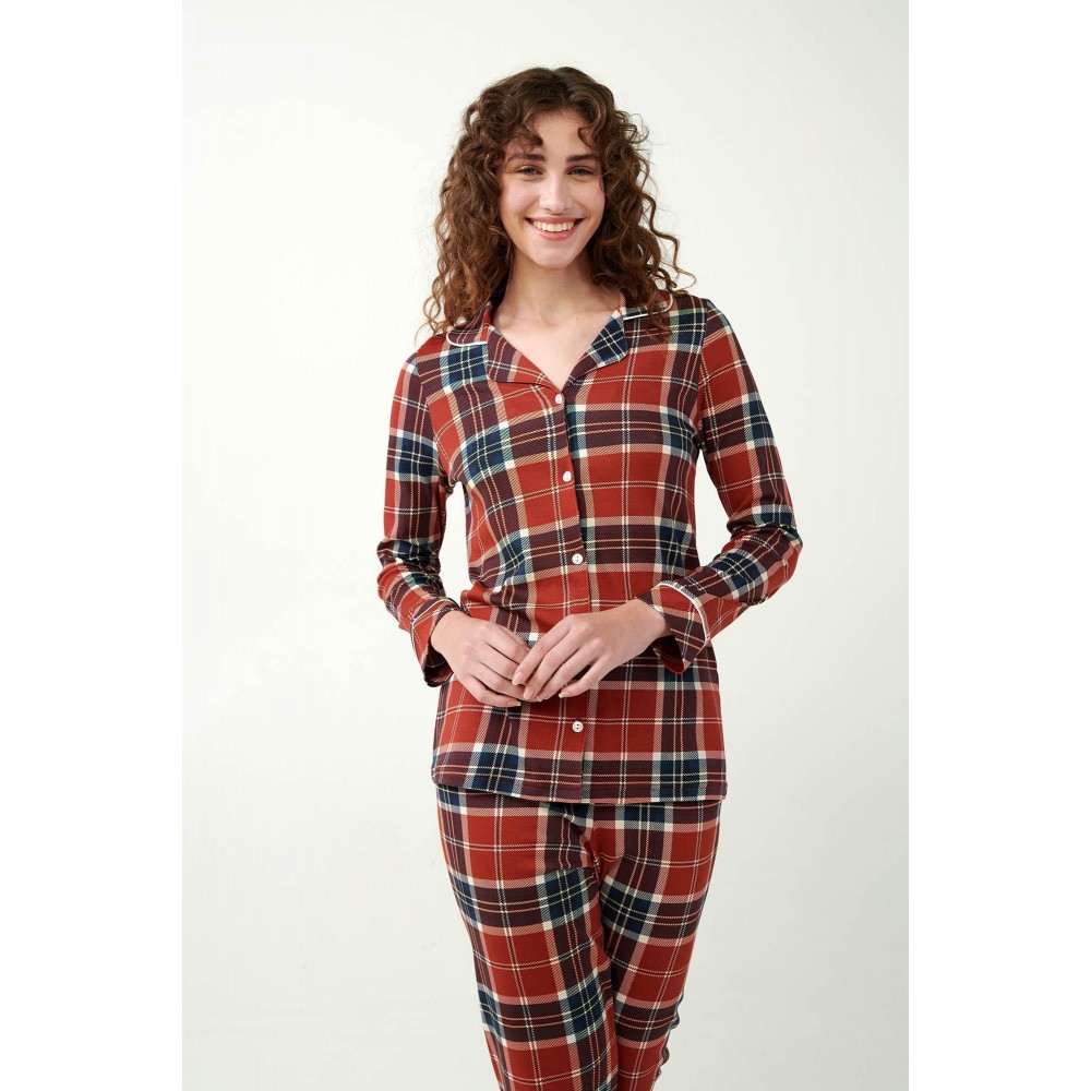 Vamp 21513, Γυναικείο Σετ  Πυτζάμα "XMAS" σε ανδρικό στύλ καρό,  RED TERRACOTA