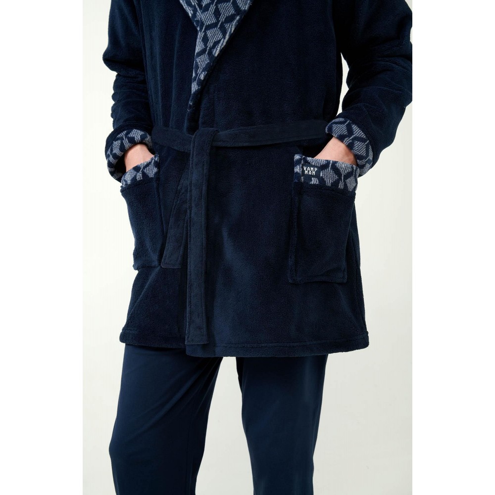 VAMP 21696, Ανδρική  Ρόμπα Fleece Σταυρωτή με ζώνη με πέτο γιακά, ΜΠΛΕ ΣΚΟΥΡΟ