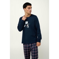 VAMP 23680, Ανδρική Βαμβακερή Πυτζάμα με μανσέτες, ΜΠΛΕ ΣΚΟΥΡΟ