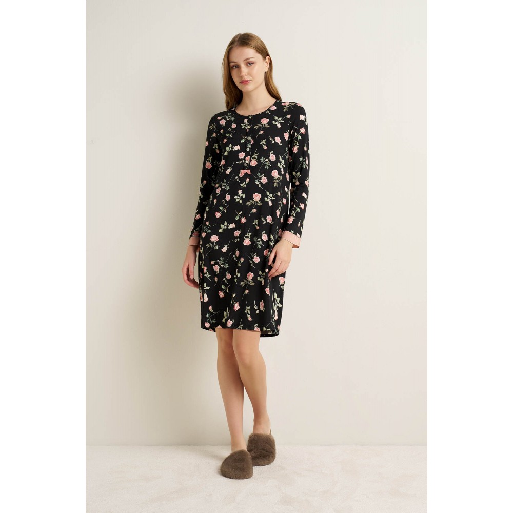 VAMP 25001, Νυχτικό Micromodal Floral με πατιλέτα, ΜΑΥΡΟ