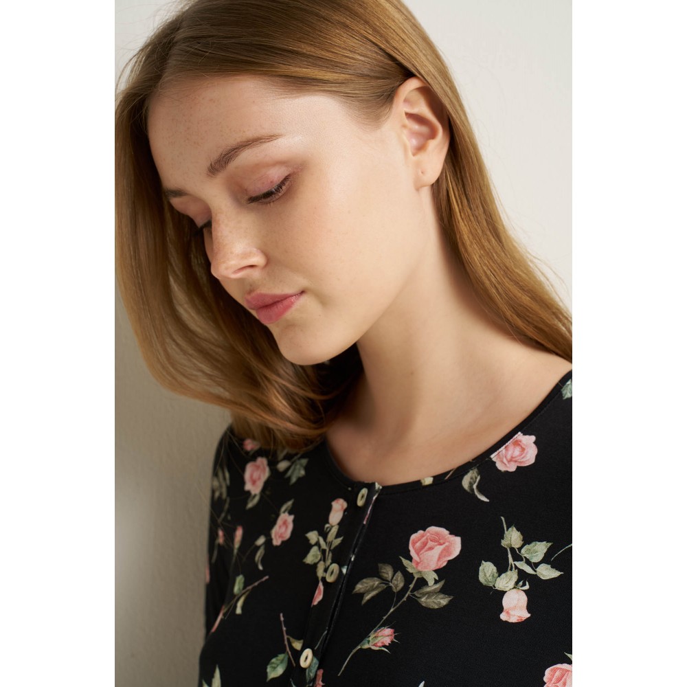 VAMP 25001, Νυχτικό Micromodal Floral με πατιλέτα, ΜΑΥΡΟ