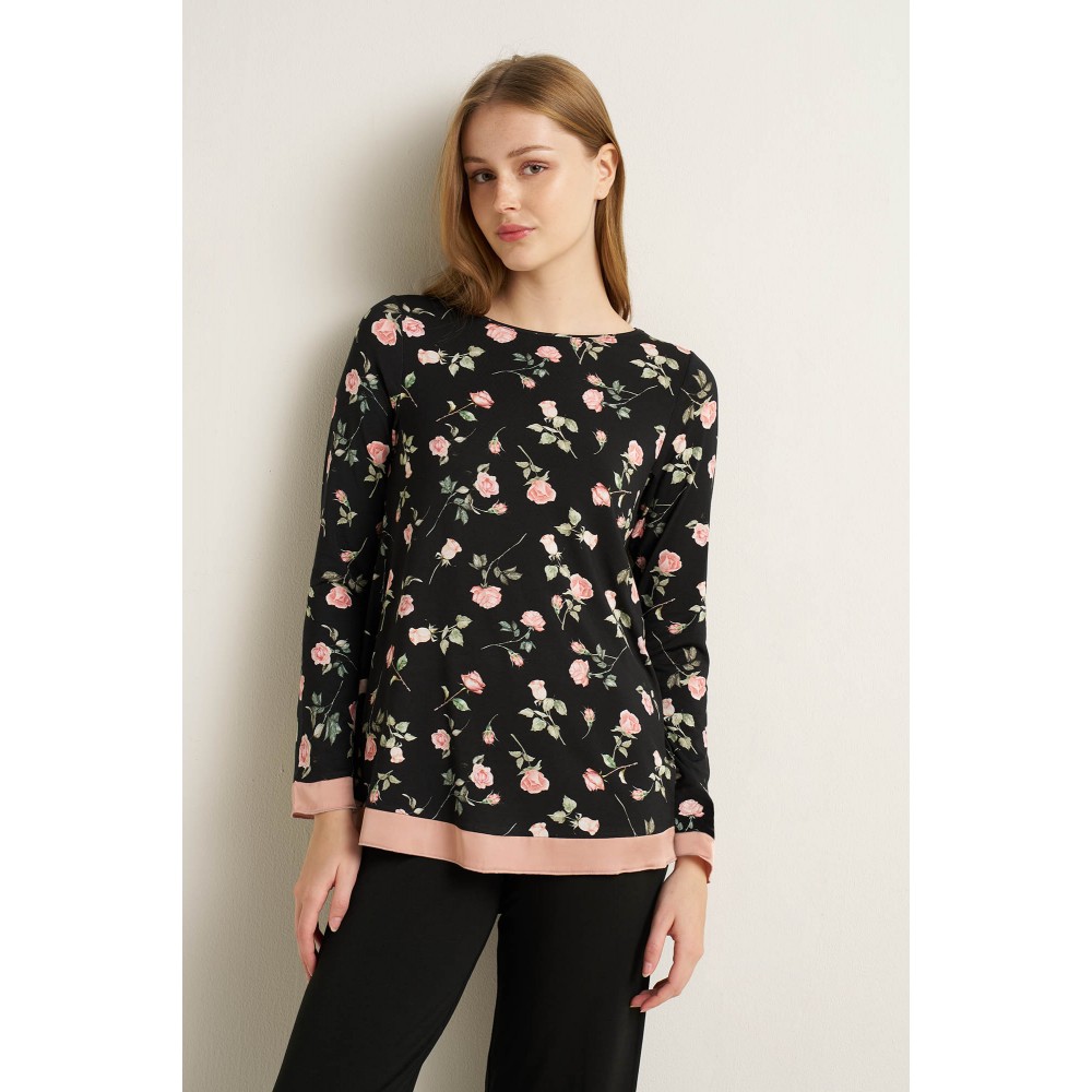 VAMP 25002, Πυζάμα Micromodal Floral με σιφόν, ΜΑΥΡΟ