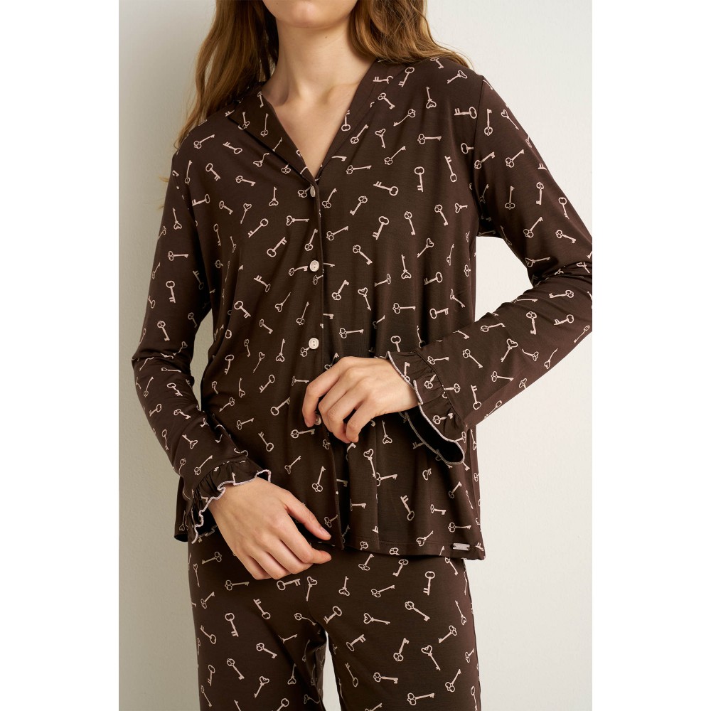 VAMP 25048, Γυναικεία Πυζάμα Κουμπωτή Micromodal, BROWN MUSE