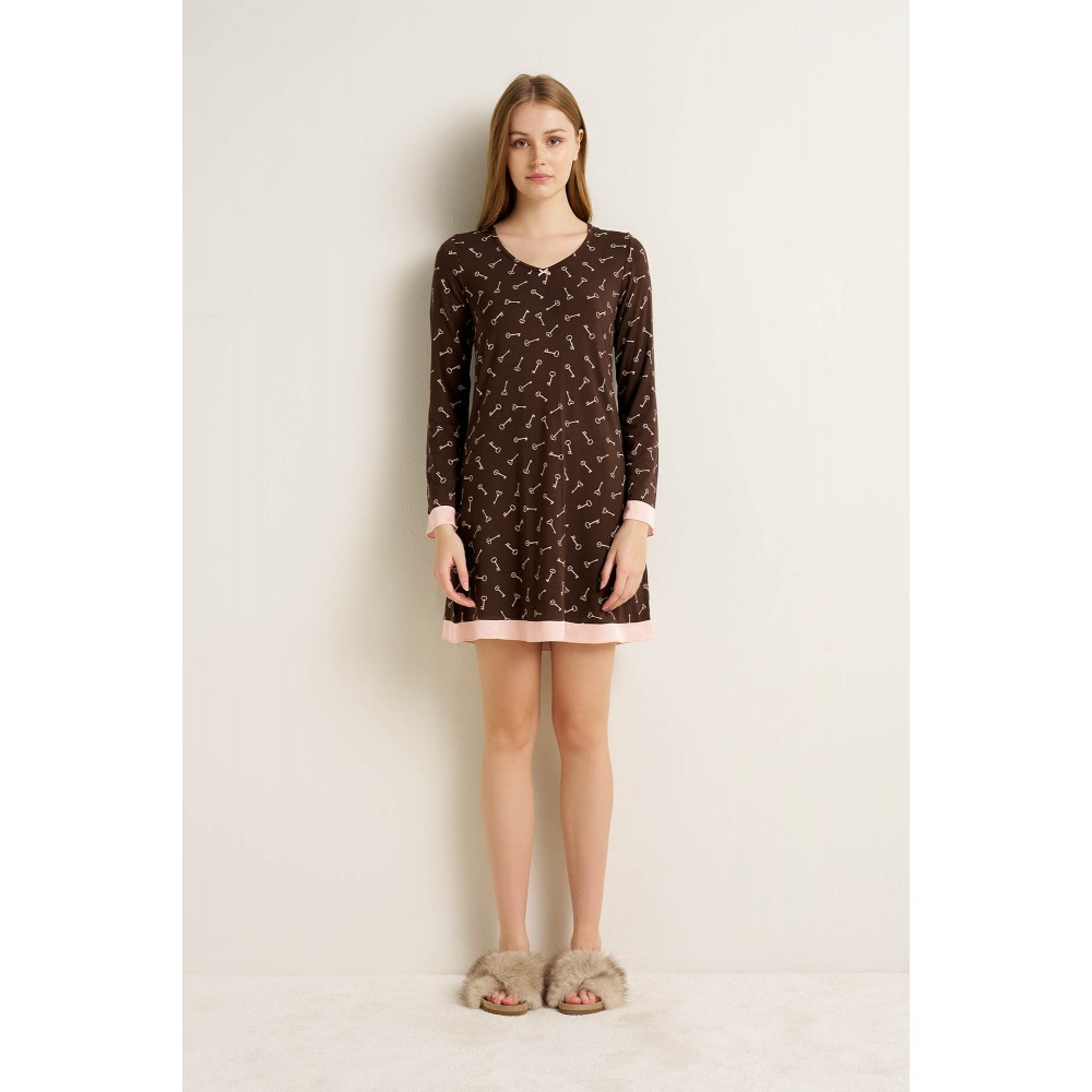 VAMP 25052, Νυχτικό Micromodal με λεπτομέρειες σιφόν, BROWN MUSE