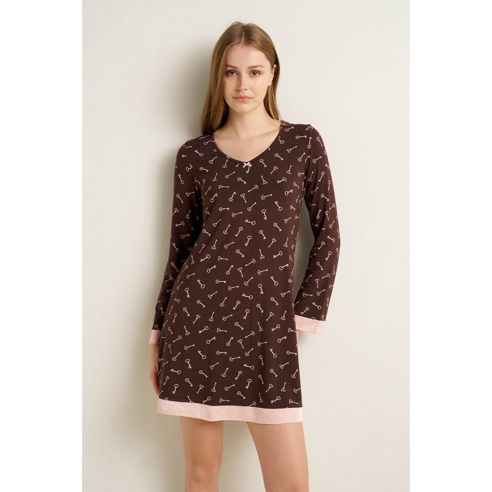 VAMP 25052, Νυχτικό Micromodal με λεπτομέρειες σιφόν, BROWN MUSE