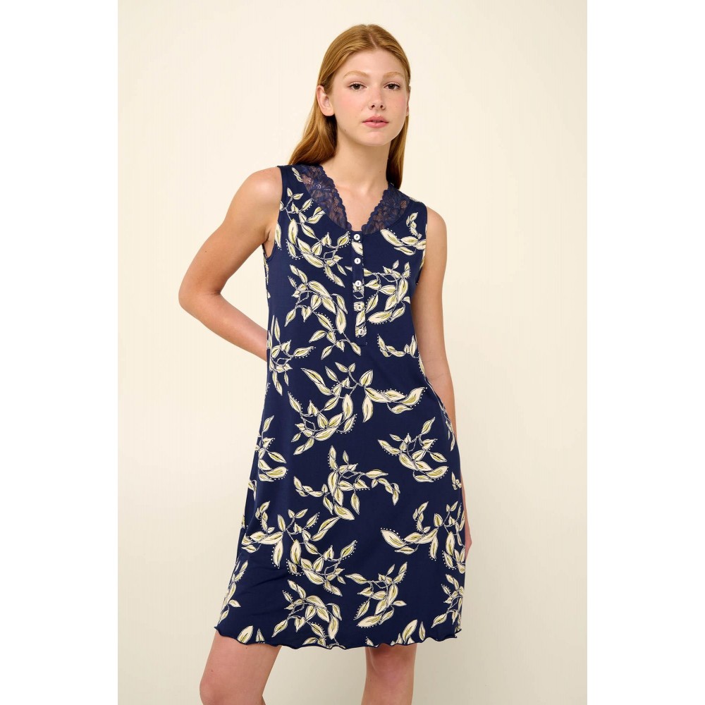 Vamp 22042, Γυναικείο Νυχτικό Micromodal με πατιλέτα και δαντέλα, BLUE CAVERN