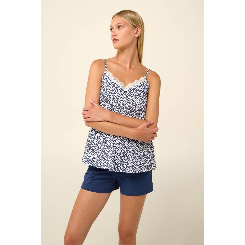 Vamp 22227, Γυναικείο Βαμβακερό Βaby Doll με δαντέλα, BLUE PEONY