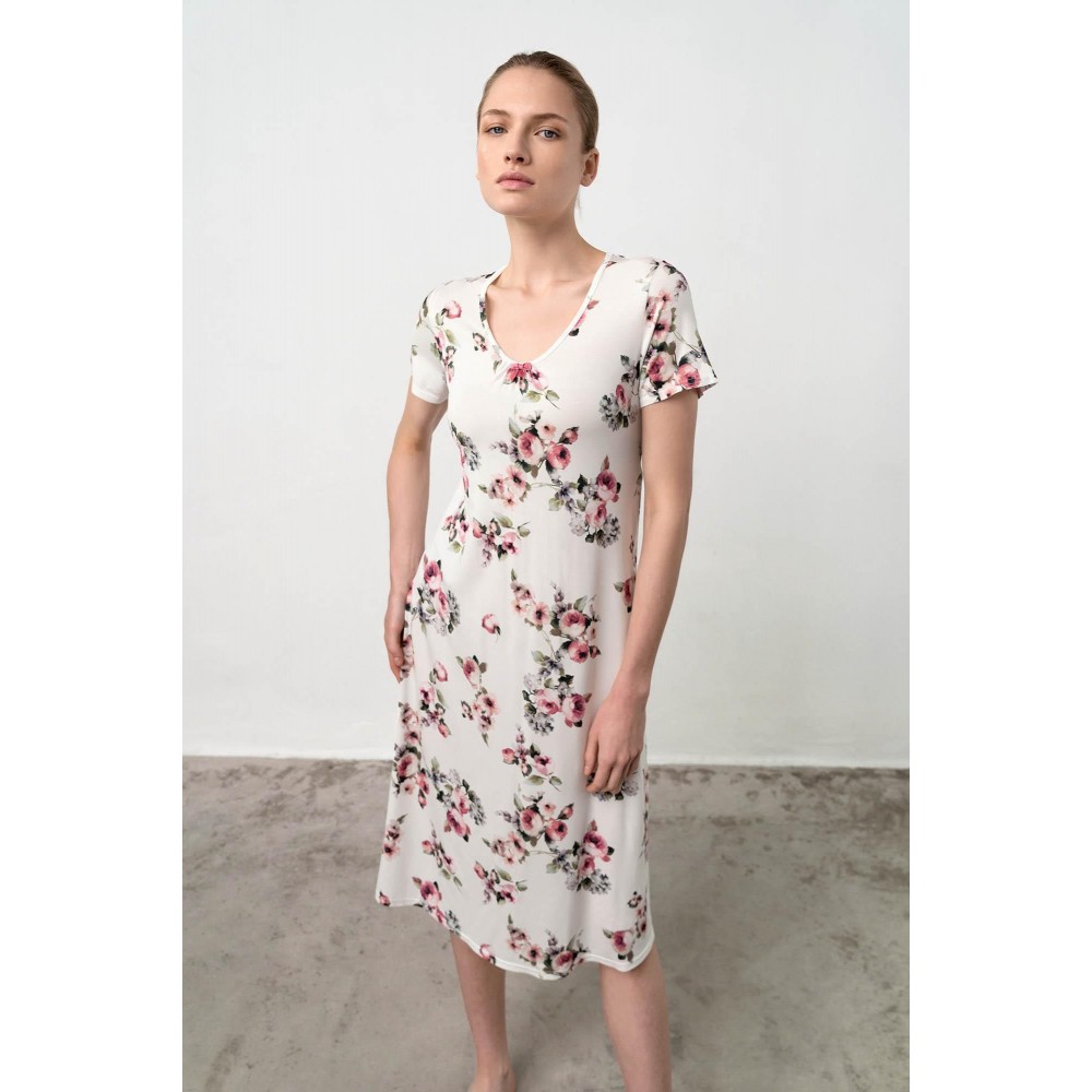 Vamp 18018, Γυναικείο Νυχτικό Κοντό Μανίκι Micromodal, FLORAL